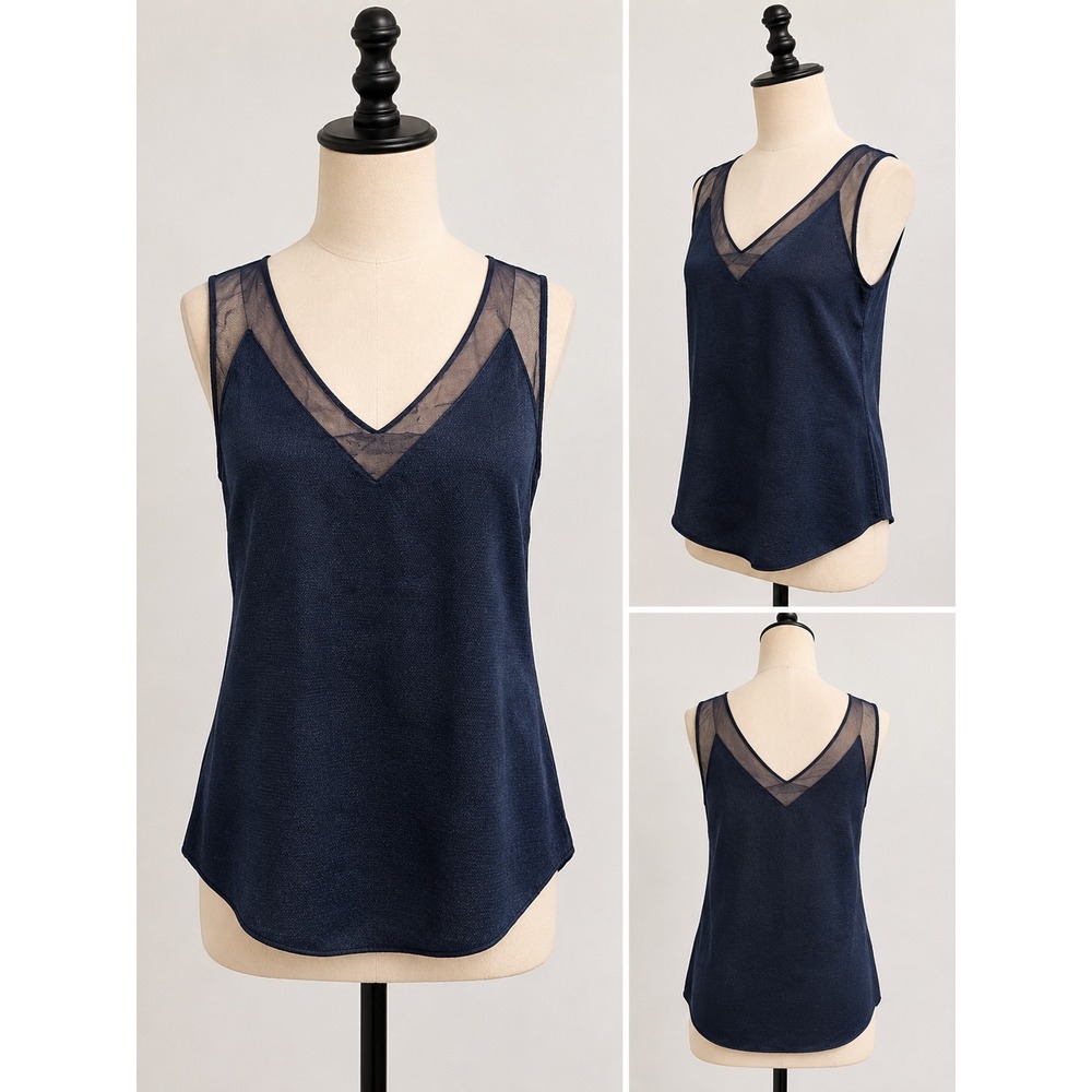 Ted Baker Tank Top Womens 1 Navy Blue Mesh V-Neck Textured Sleeveless Chic
